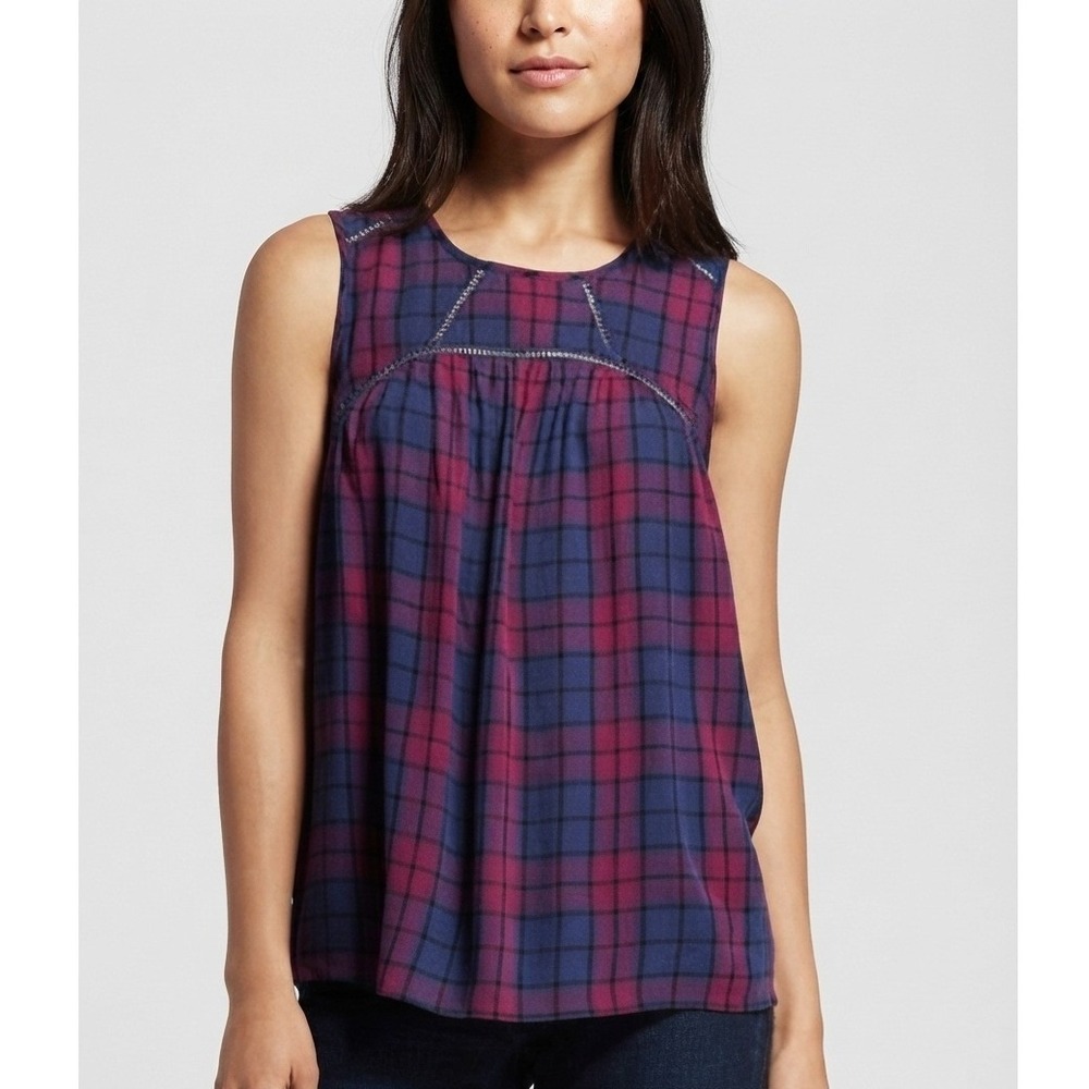 Knox Rose Purple Blue Plaid Sleeveless Crochet Trim Blouse Top Size Small